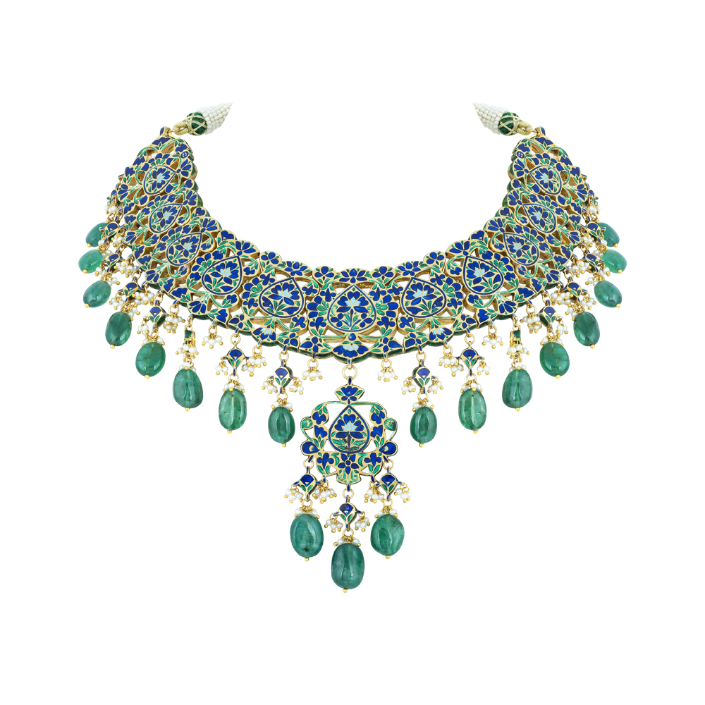 Polki Necklace with Green Enamel and Emerald Maniyas Beads
